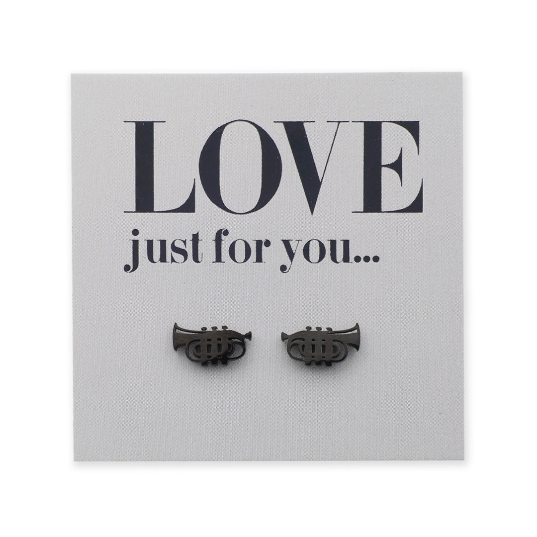 Black trumpet earrings on a card with 'LOVE just for you...' text