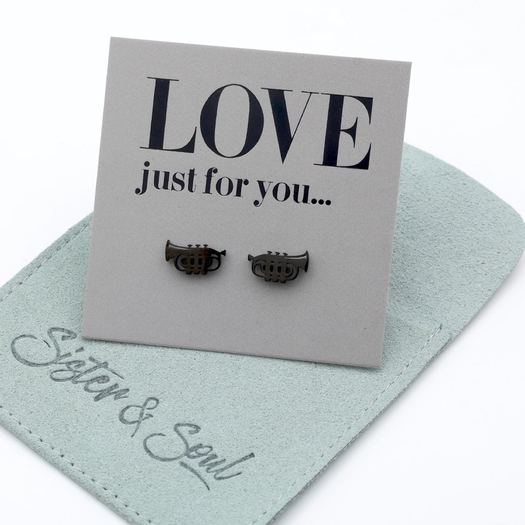 Pair of earrings on a card with 'LOVE just for you' text, displayed on a light blue mat with 'Sister & Soul' branding.