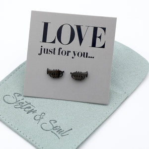Pair of earrings on a card with 'LOVE just for you' text, displayed on a light blue mat with 'Sister & Soul' branding.