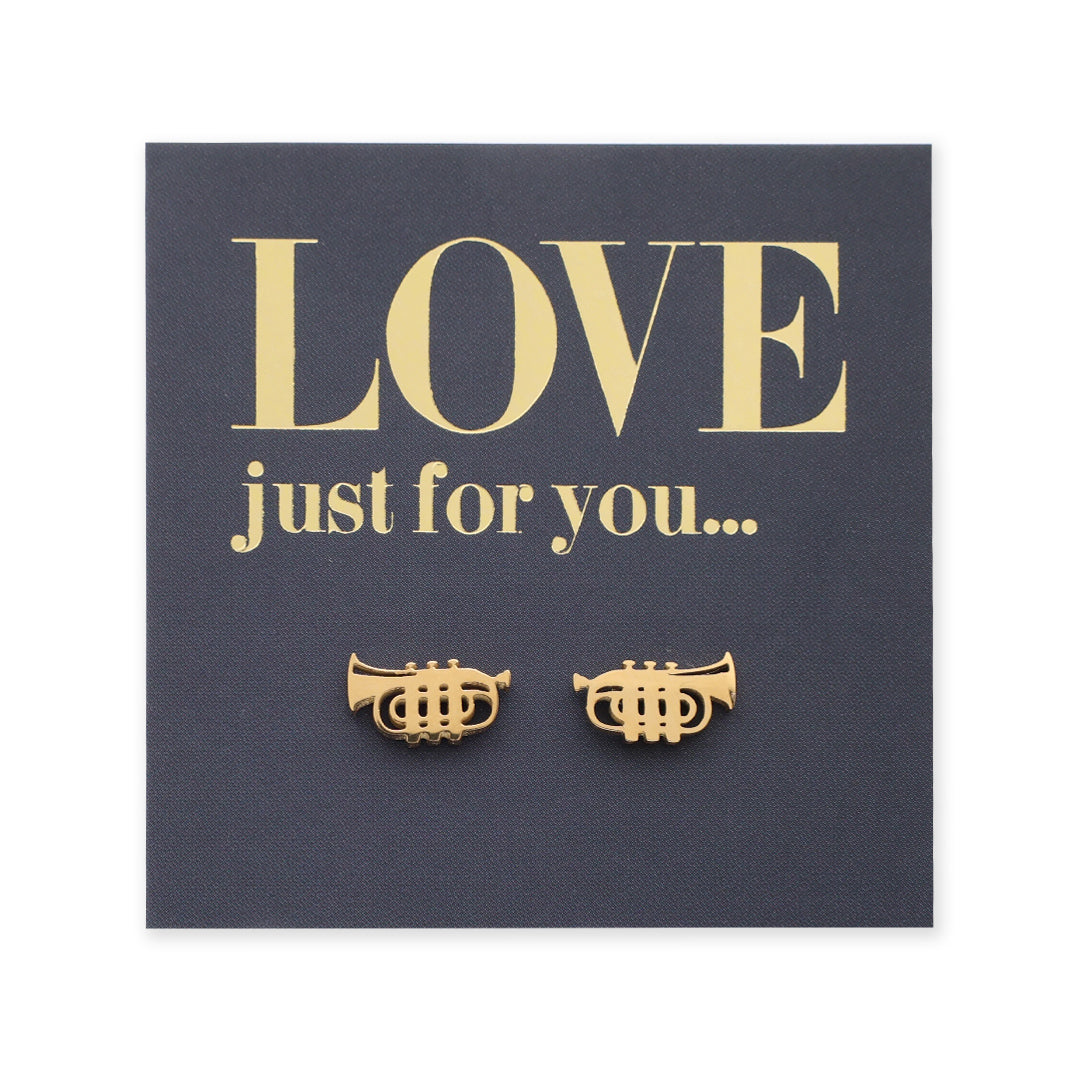 Gold trumpet earrings on a dark blue card with 'LOVE just for you...' text