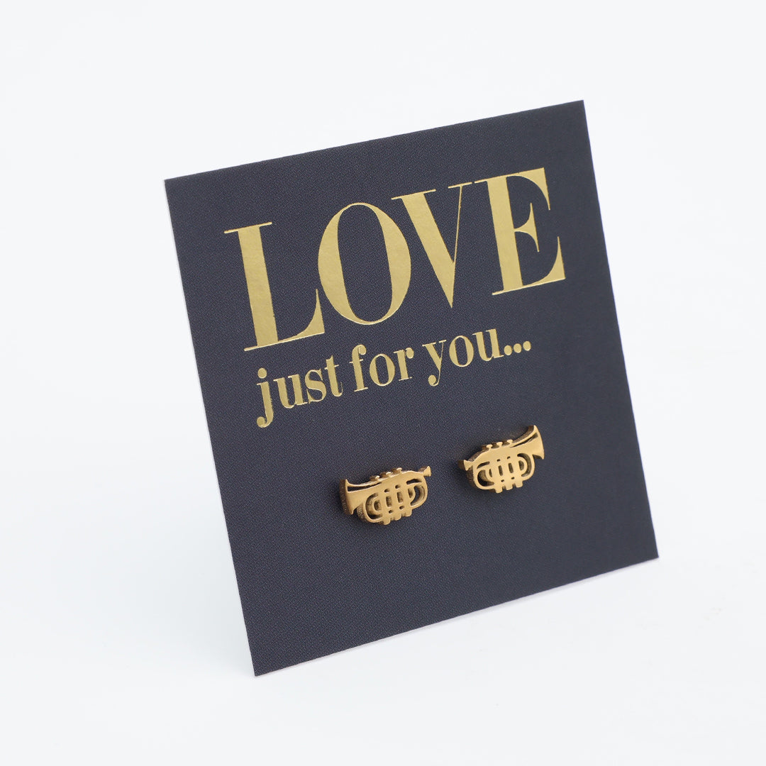 Gold trumpet earrings on a black card with 'LOVE just for you...' text.