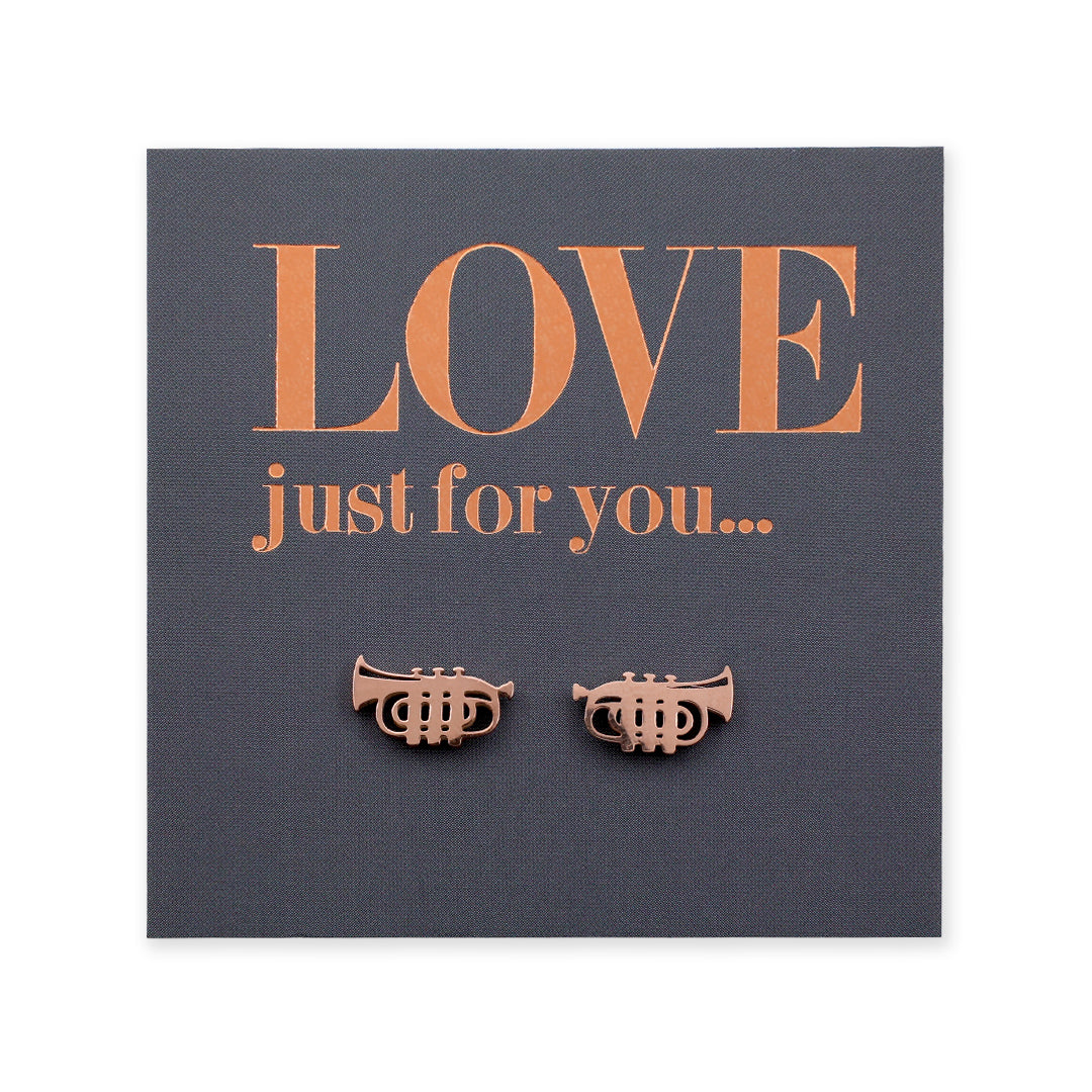 Rose gold trumpet earrings on a dark gray card with 'LOVE just for you...' text