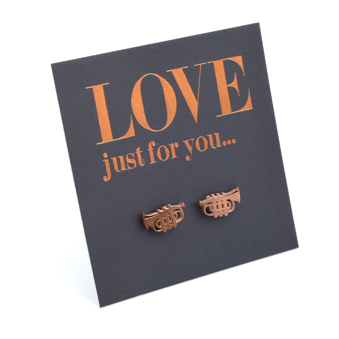 Copper trumpet earrings on a 'LOVE just for you' card