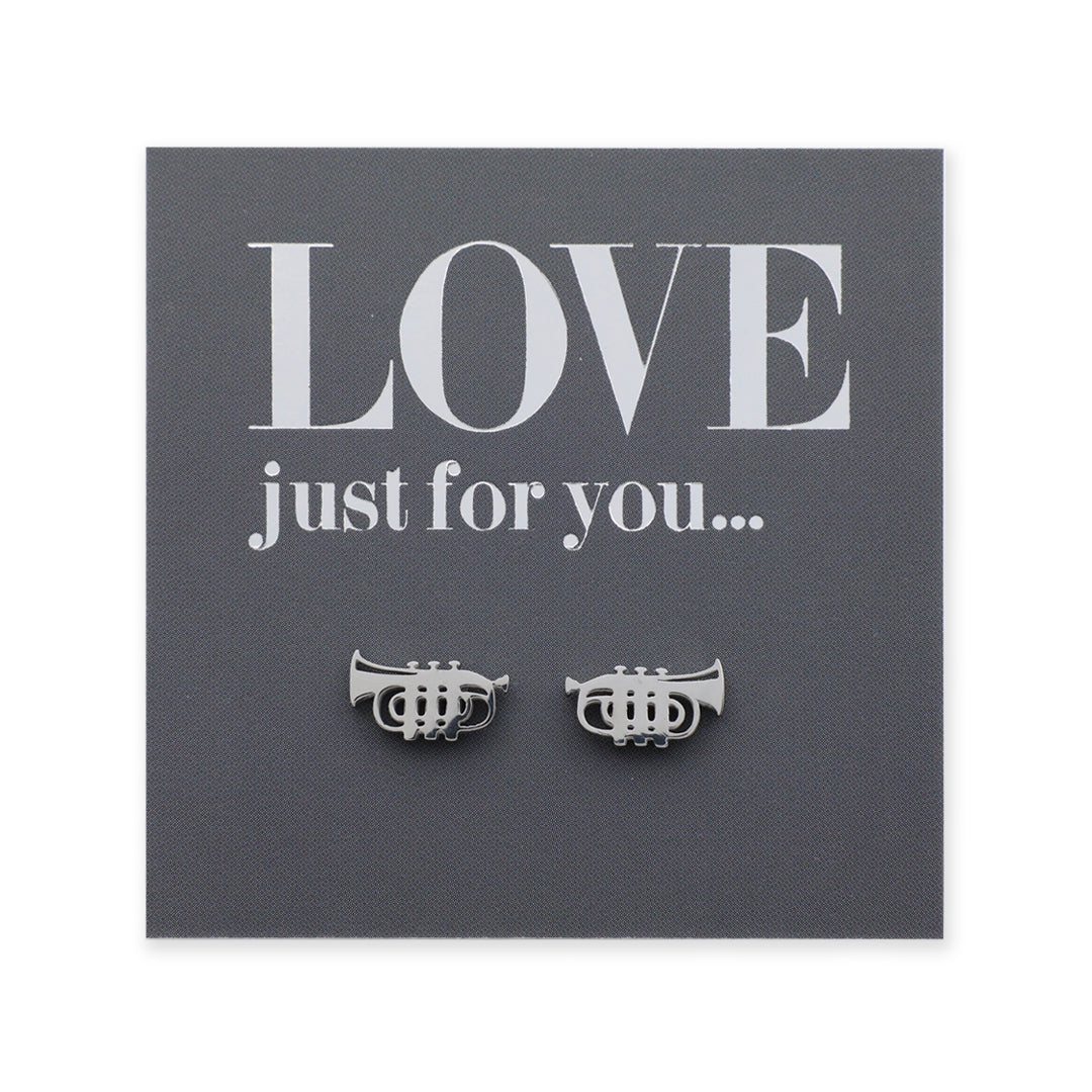 Silver trumpet-shaped earrings on a gray card with 'LOVE just for you...' text.