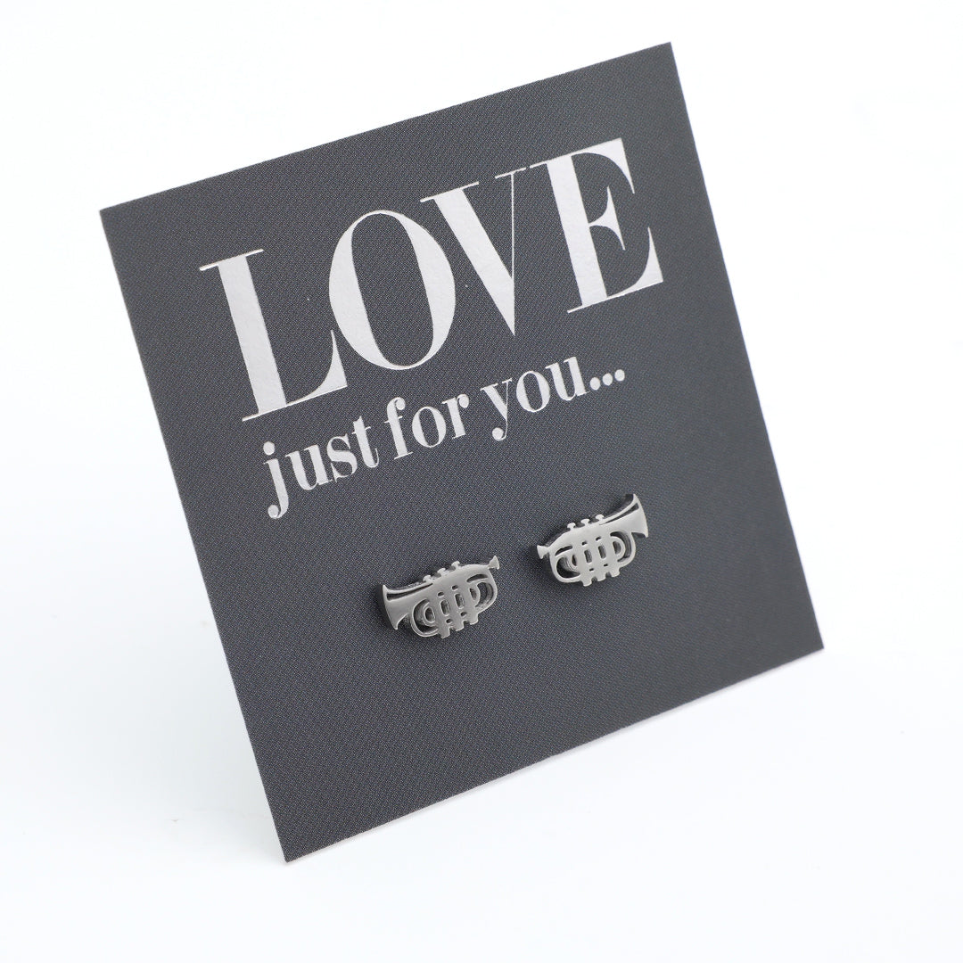 Silver trumpet earrings on a 'LOVE just for you' card