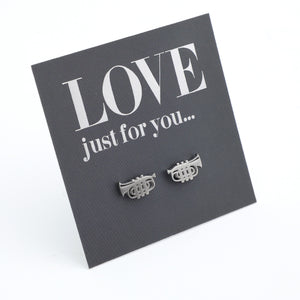 Silver trumpet earrings on a 'LOVE just for you' card