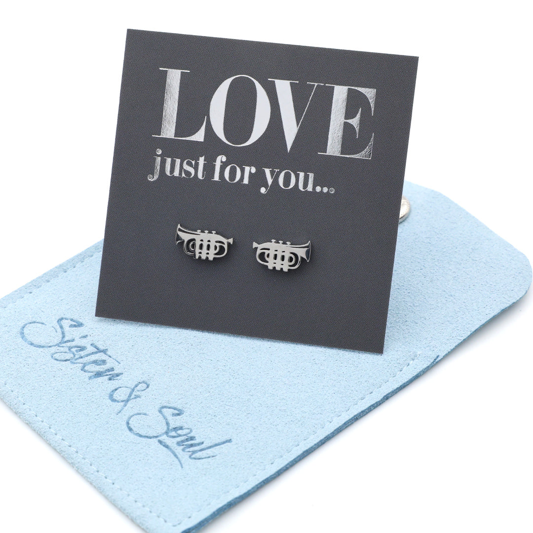 Four pairs of trumpet earrings on gray cards with 'LOVE just for you...' text.