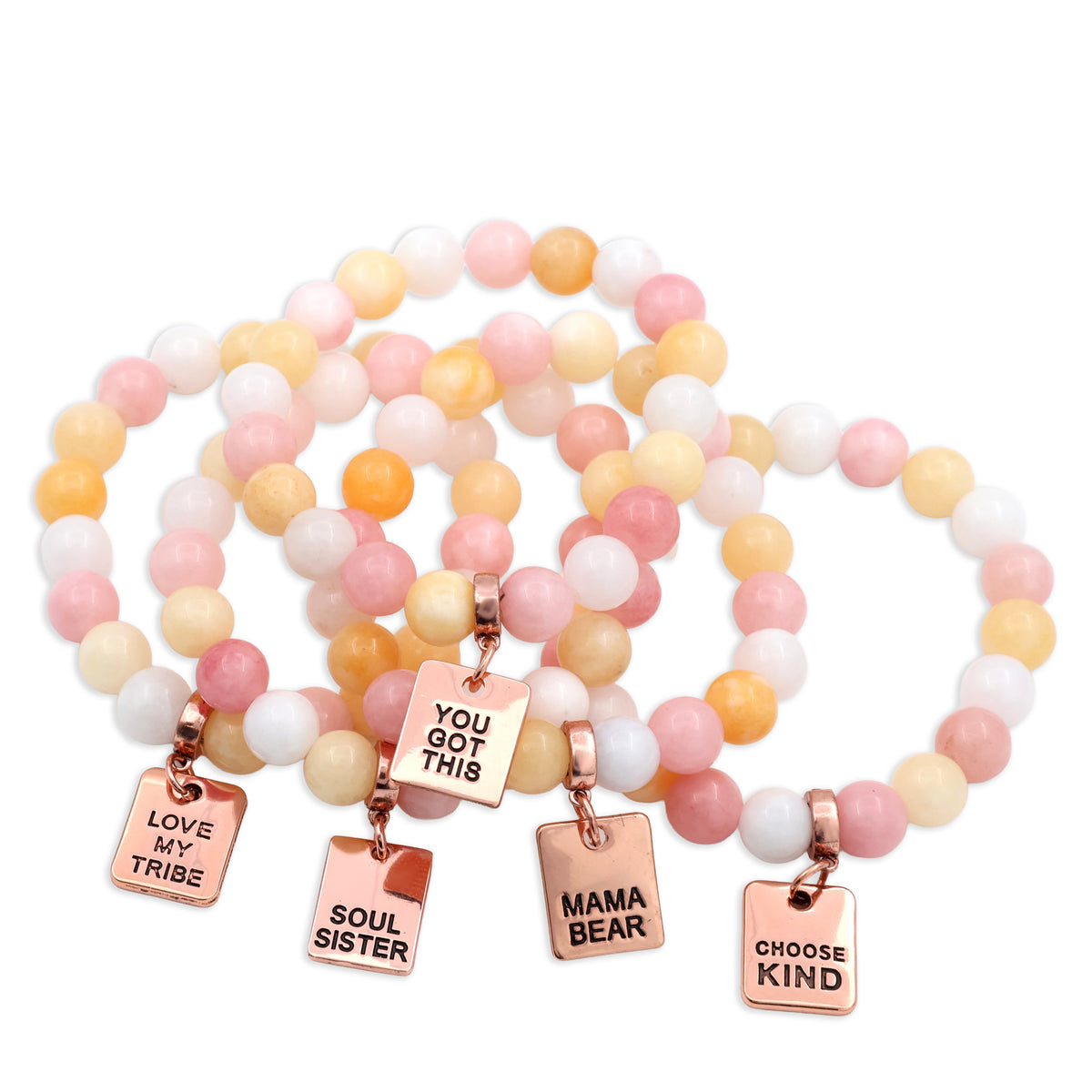 Set of colorful beaded bracelets with inspirational charms on a white background