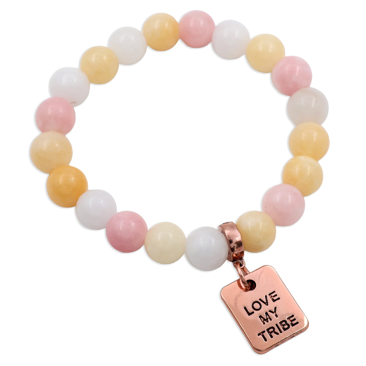 Stone Bracelet - Marshmallow Pastel Stone 10mm Beads - With Rose Gold Word charm