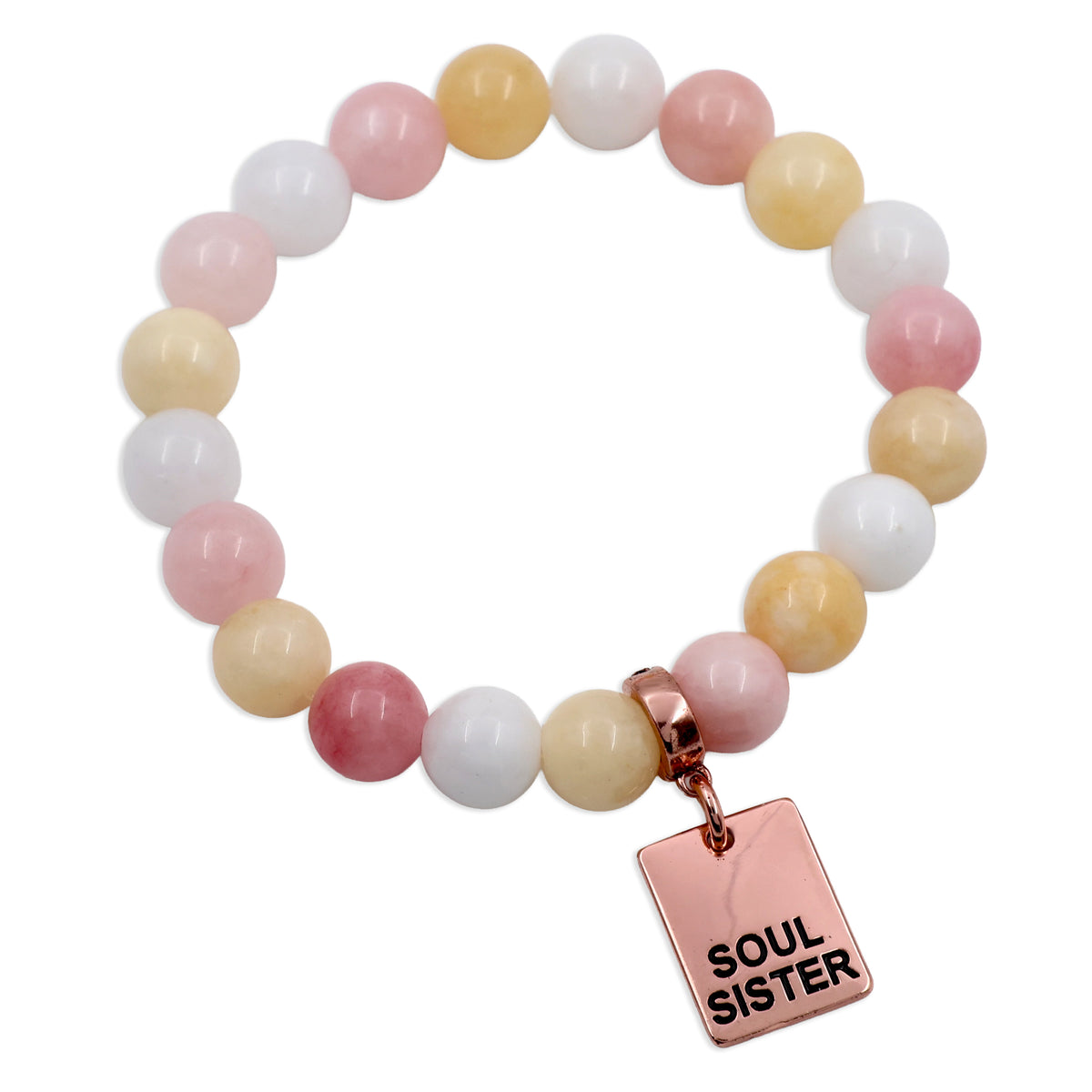 Stone Bracelet - Marshmallow Pastel Stone 10mm Beads - With Rose Gold Word charm