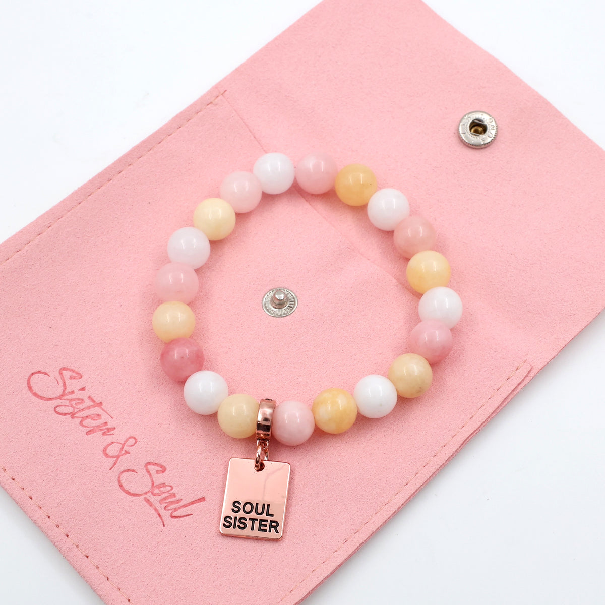Beaded bracelet with 'Soul Sister' tag on a pink card