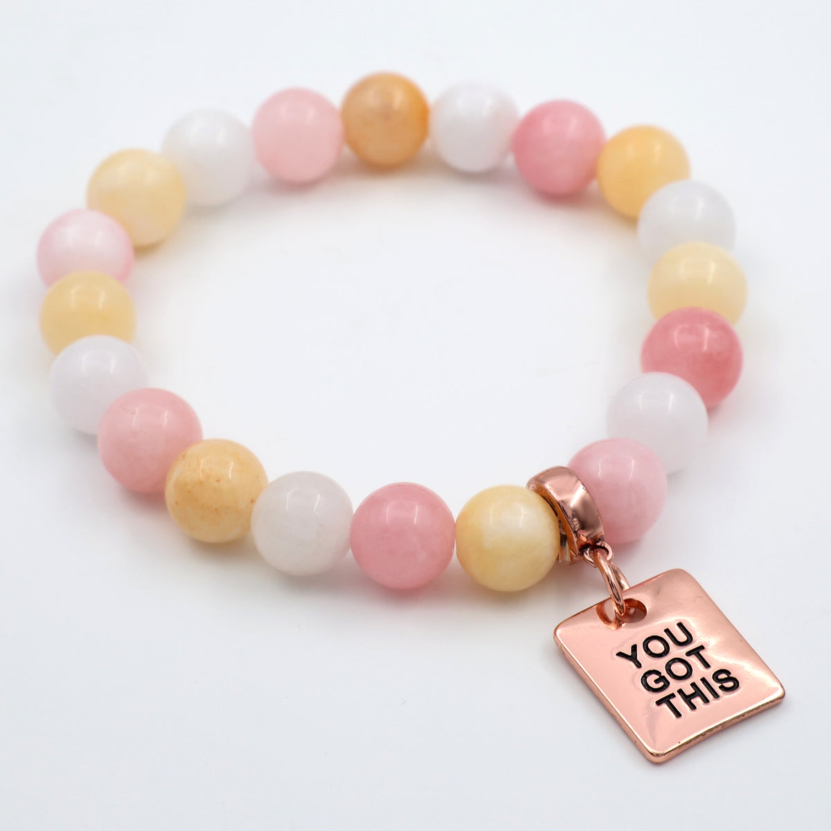 Stone Bracelet - Marshmallow Pastel Stone 10mm Beads - With Rose Gold Word charm
