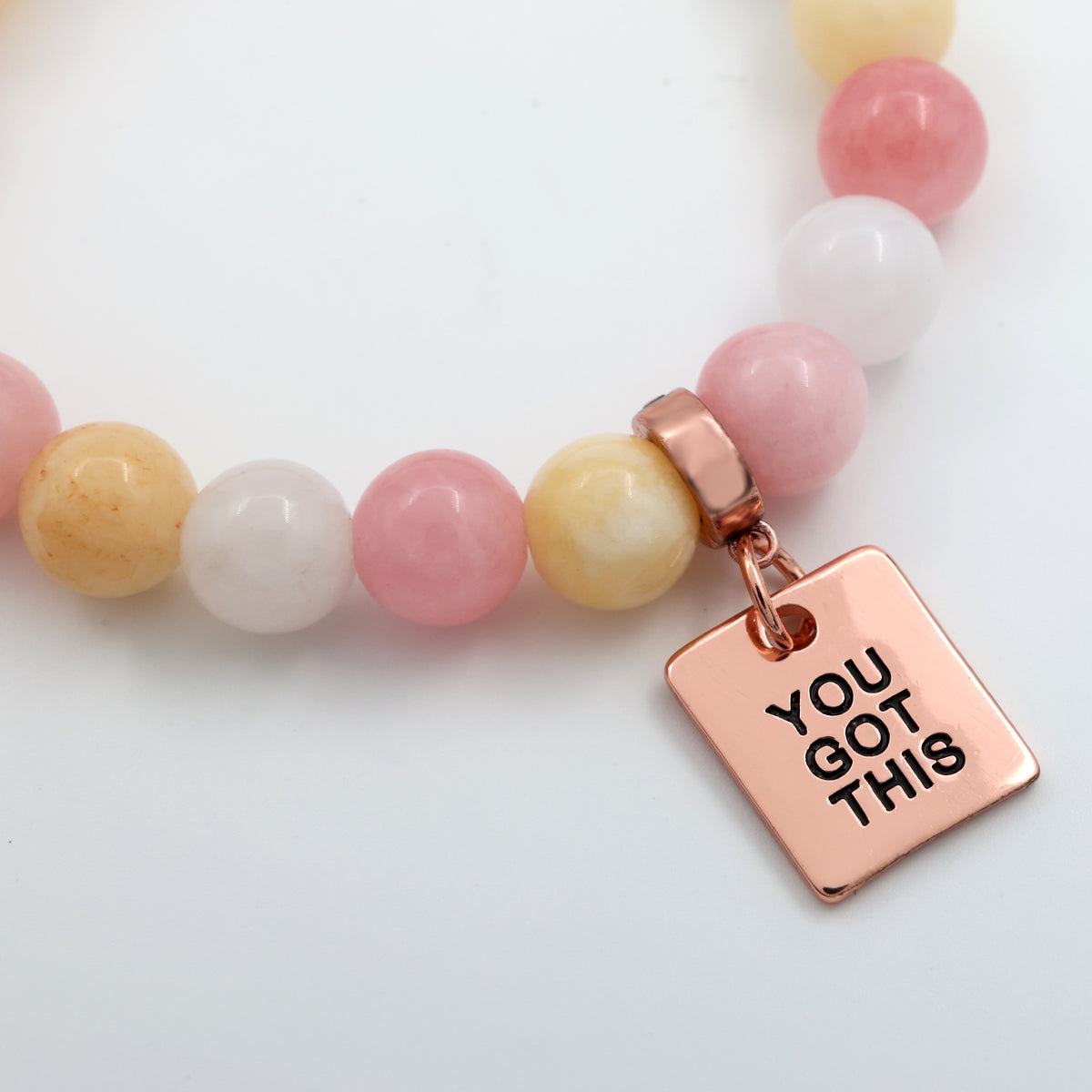 Stone Bracelet - Marshmallow Pastel Stone 10mm Beads - With Rose Gold Word charm