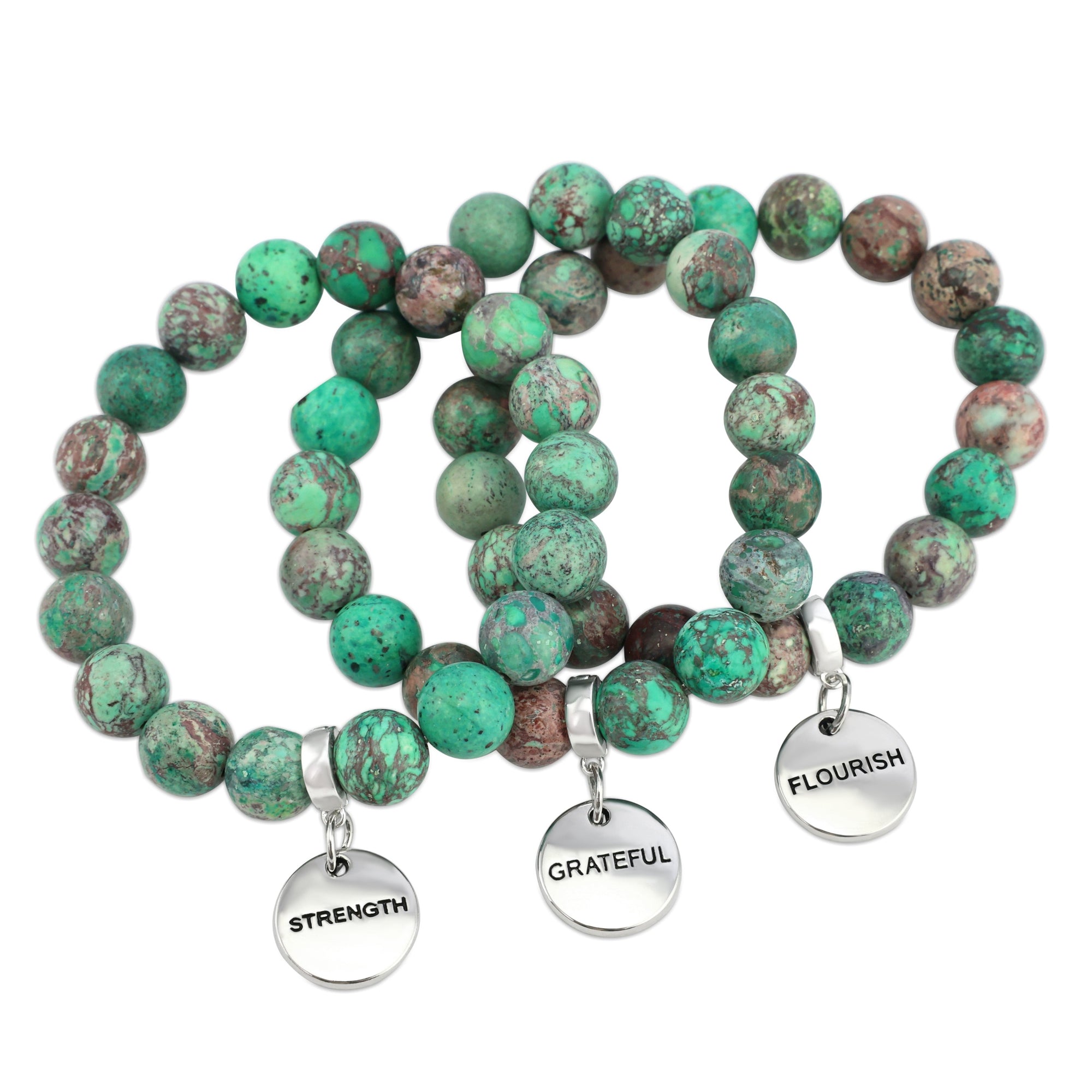 Precious Stone Bracelet - Minty Aqua Imperial Jasper 10mm Beads- With Silver Word Charms