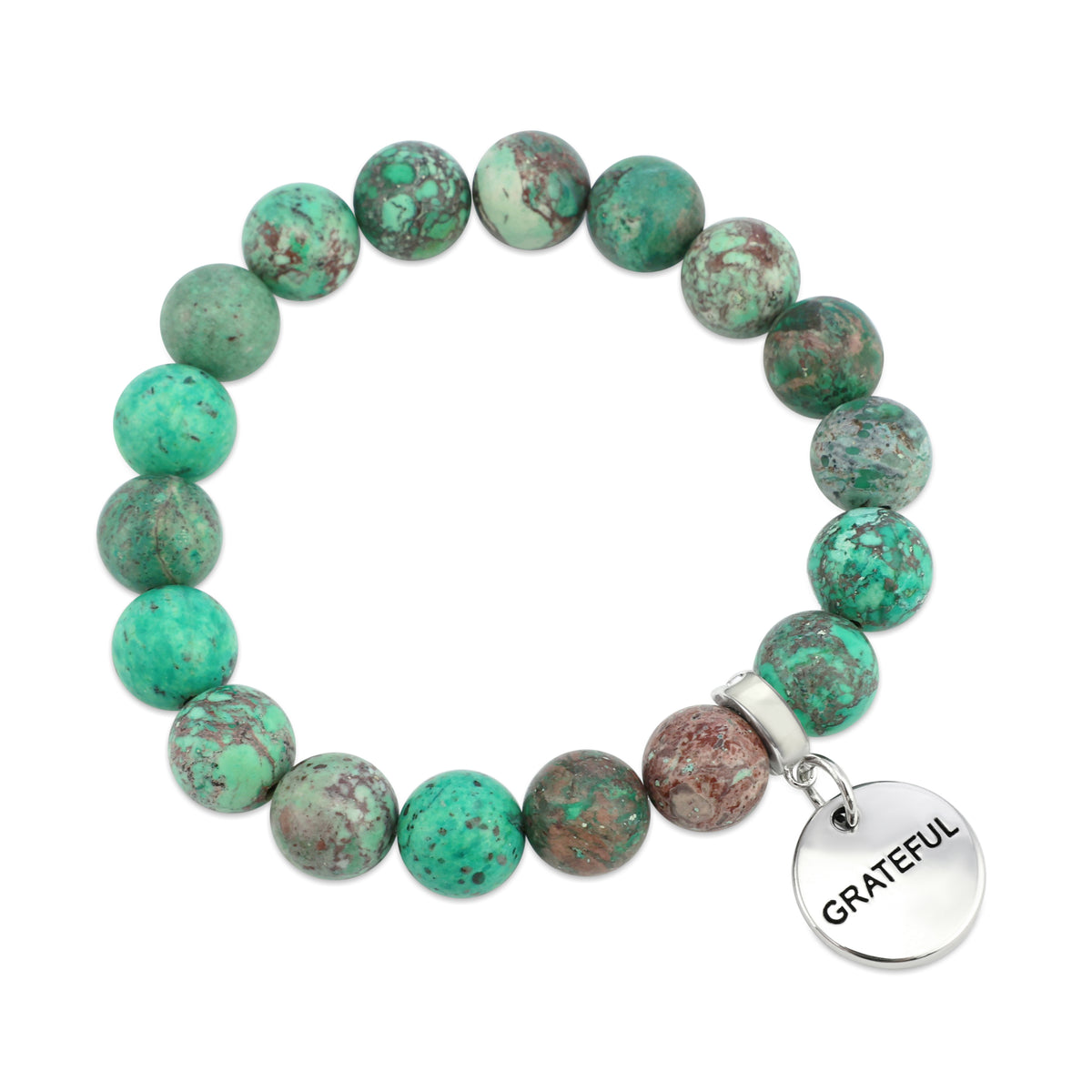 Precious Stone Bracelet - Minty Aqua Imperial Jasper 10mm Beads- With Silver Word Charms