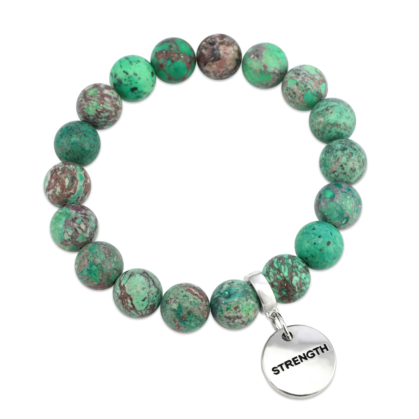 Precious Stone Bracelet - Minty Aqua Imperial Jasper 10mm Beads- With Silver Word Charms