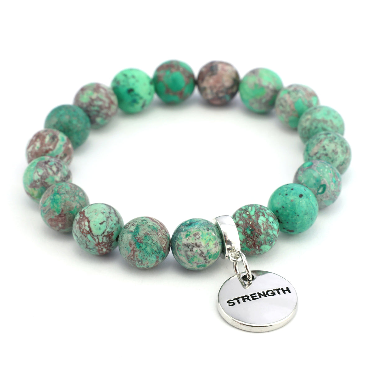 Precious Stone Bracelet - Minty Aqua Imperial Jasper 10mm Beads- With Silver Word Charms