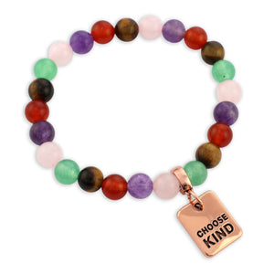 Multicolored beaded bracelet with a 'CHOOSE KIND' tag on a white background