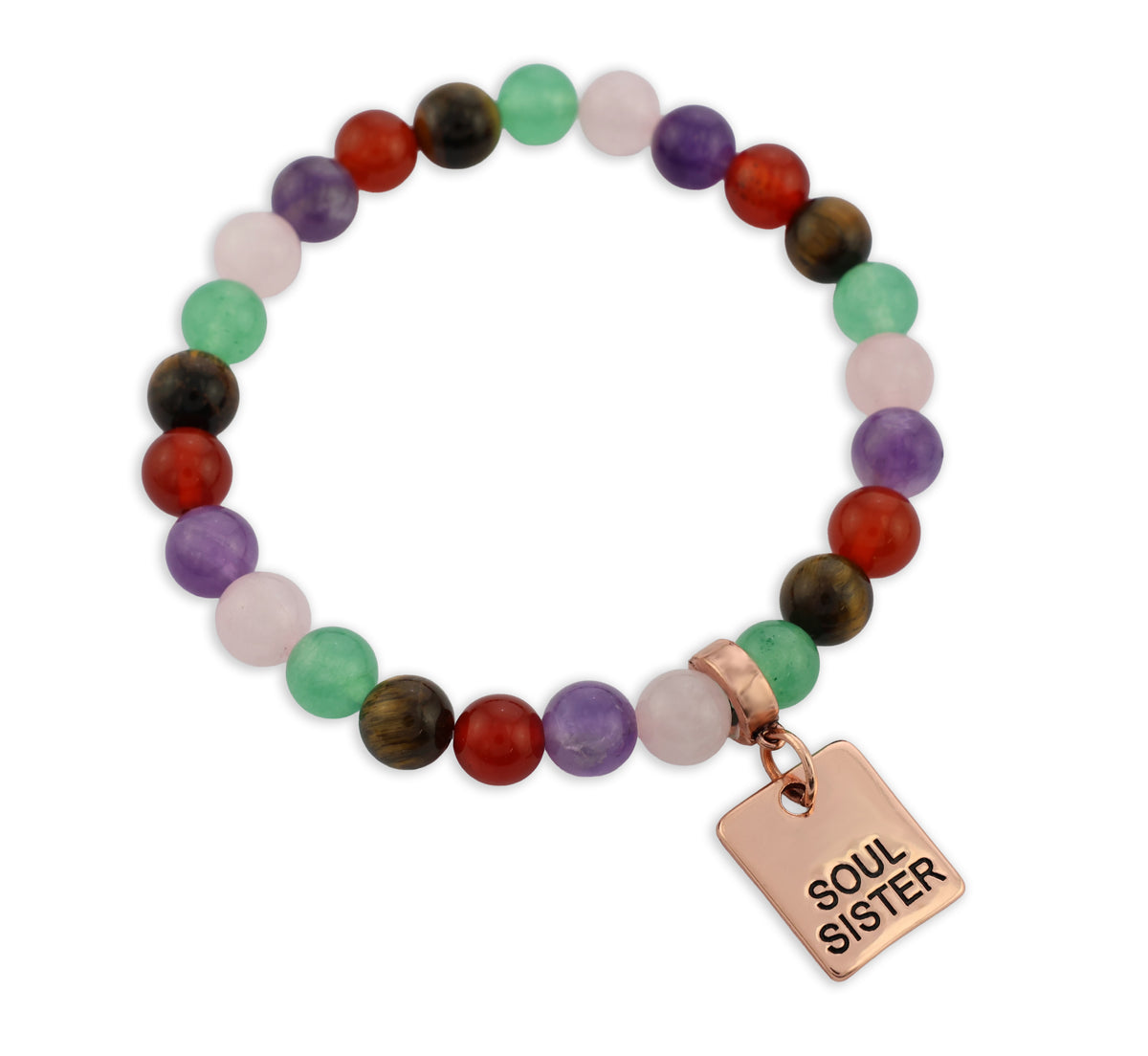 Multicolored beaded bracelet with 'Soul Sister' charm on a white background