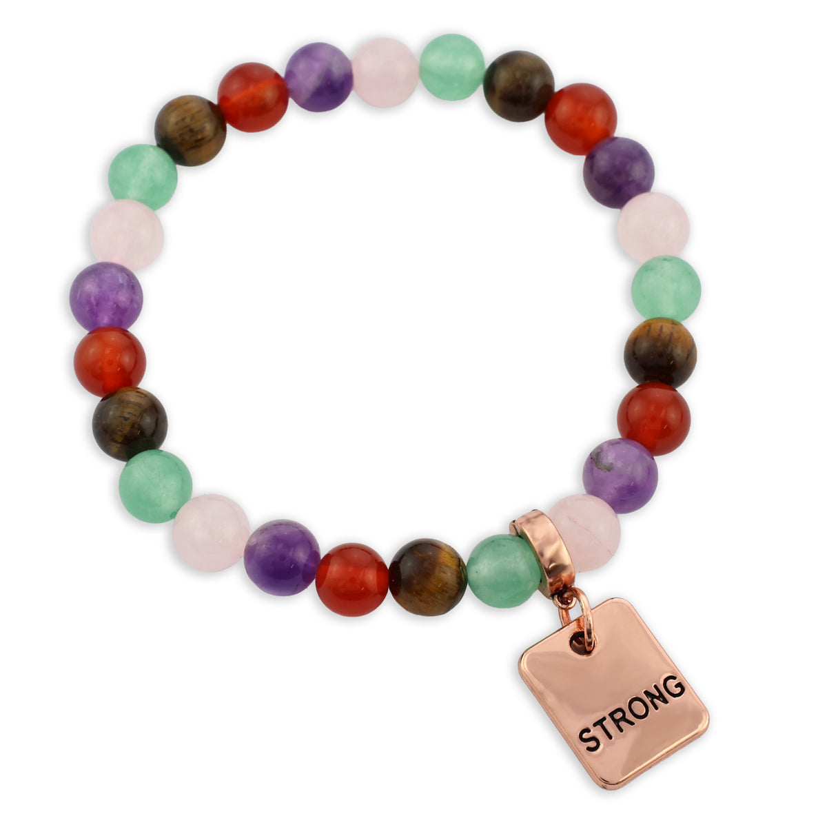 Multicolored beaded bracelet with a 'STRONG' charm on a white background