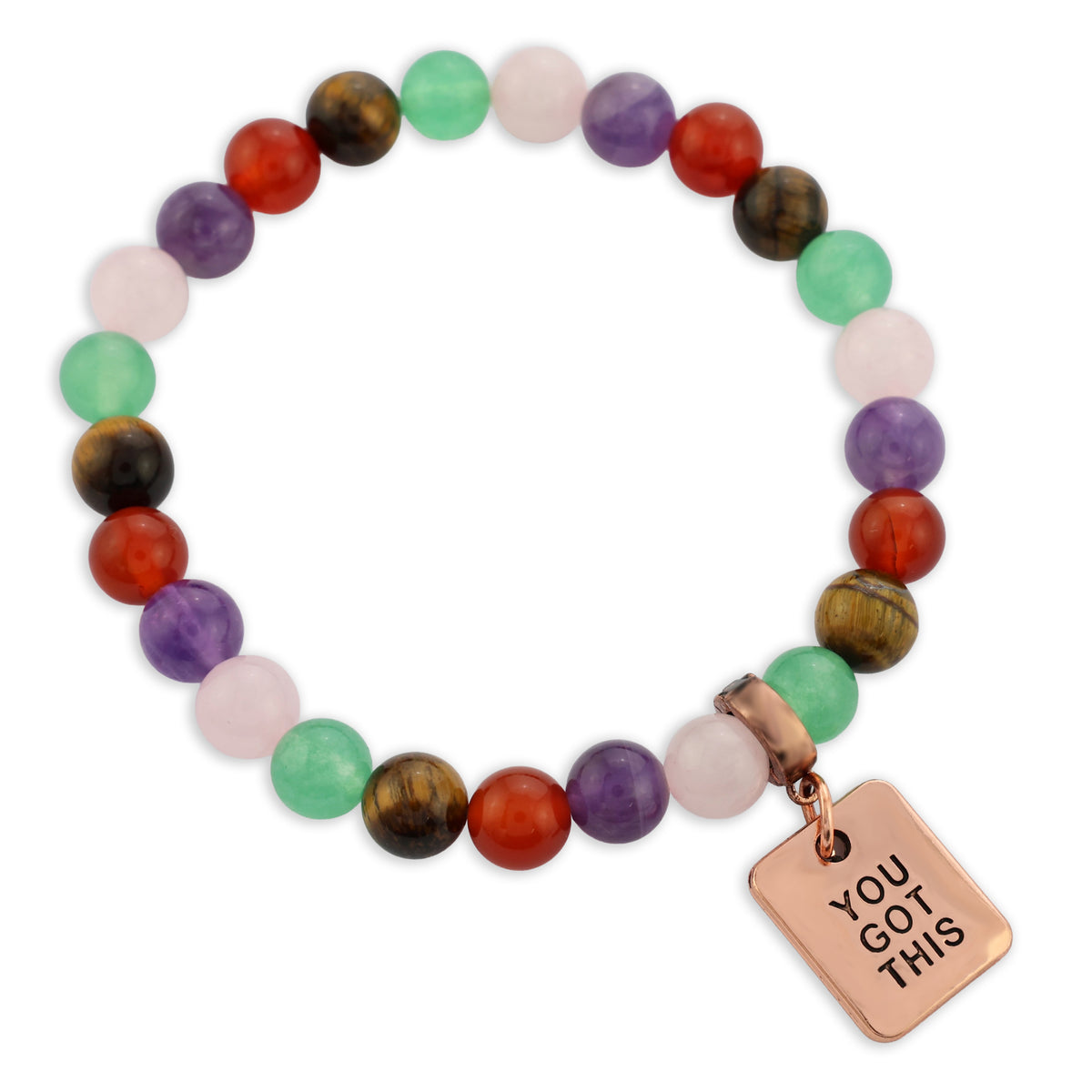 Multicolored beaded bracelet with a rose gold charm reading 'You Got This' on a white background