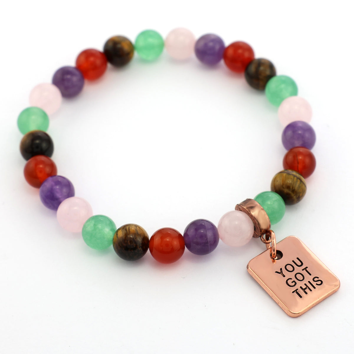 Multicolored beaded bracelet with a 'You Got This' charm on a white background