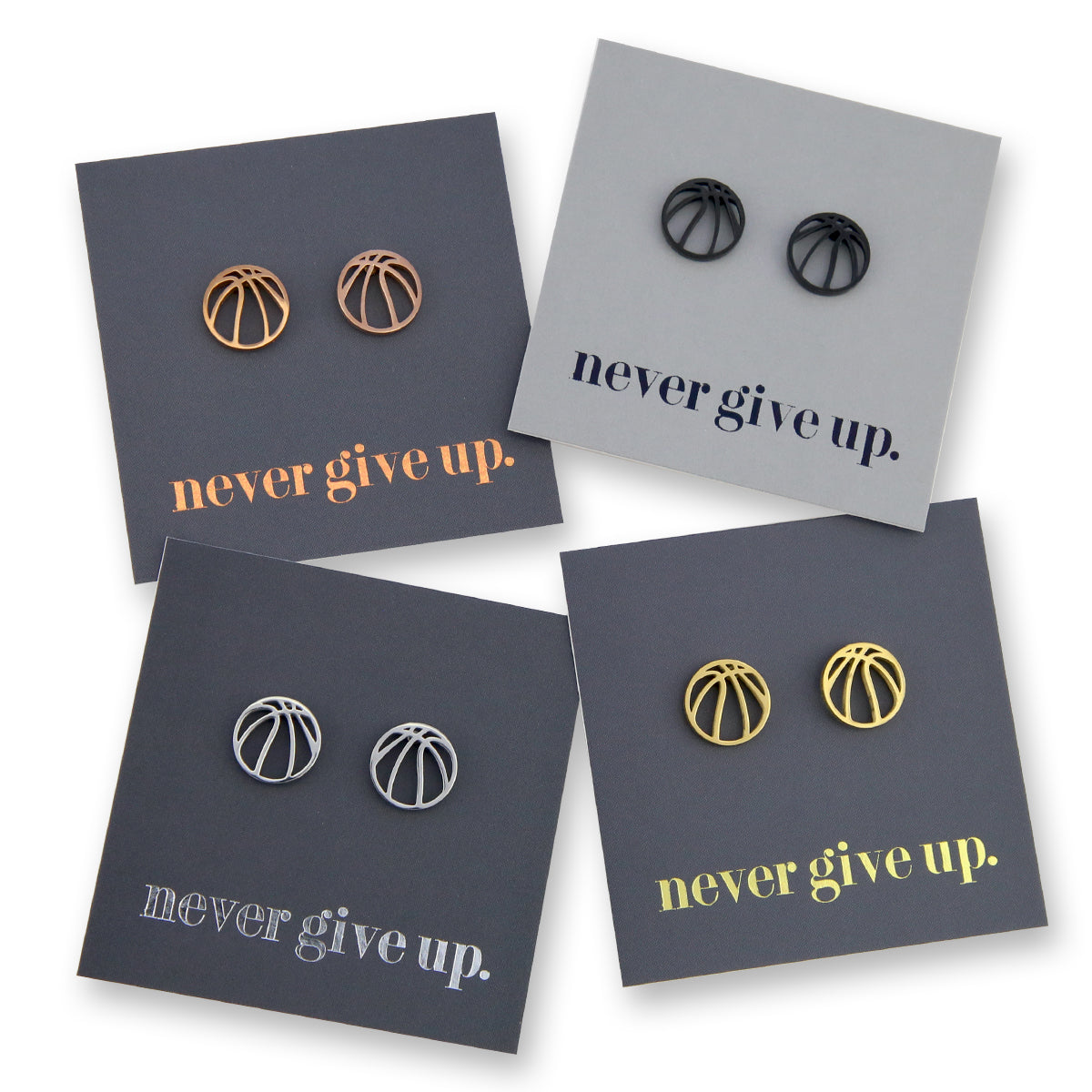 Stainless Steel Earring Studs - Never Give Up - BASKETBALLS