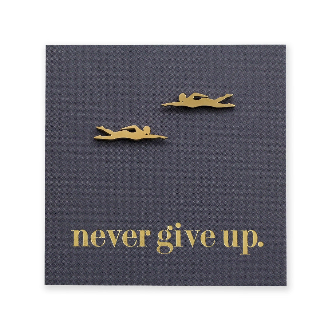 Motivational card with gold text 'never give up' and swimmer illustrations on a dark background