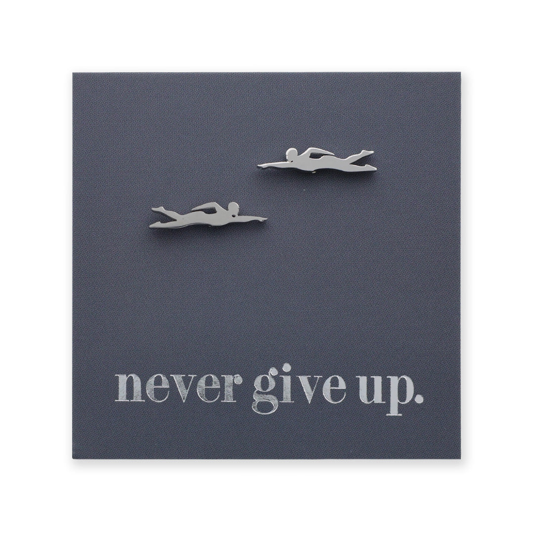 Motivational card with swimmer illustrations and 'never give up' text on a dark grey background