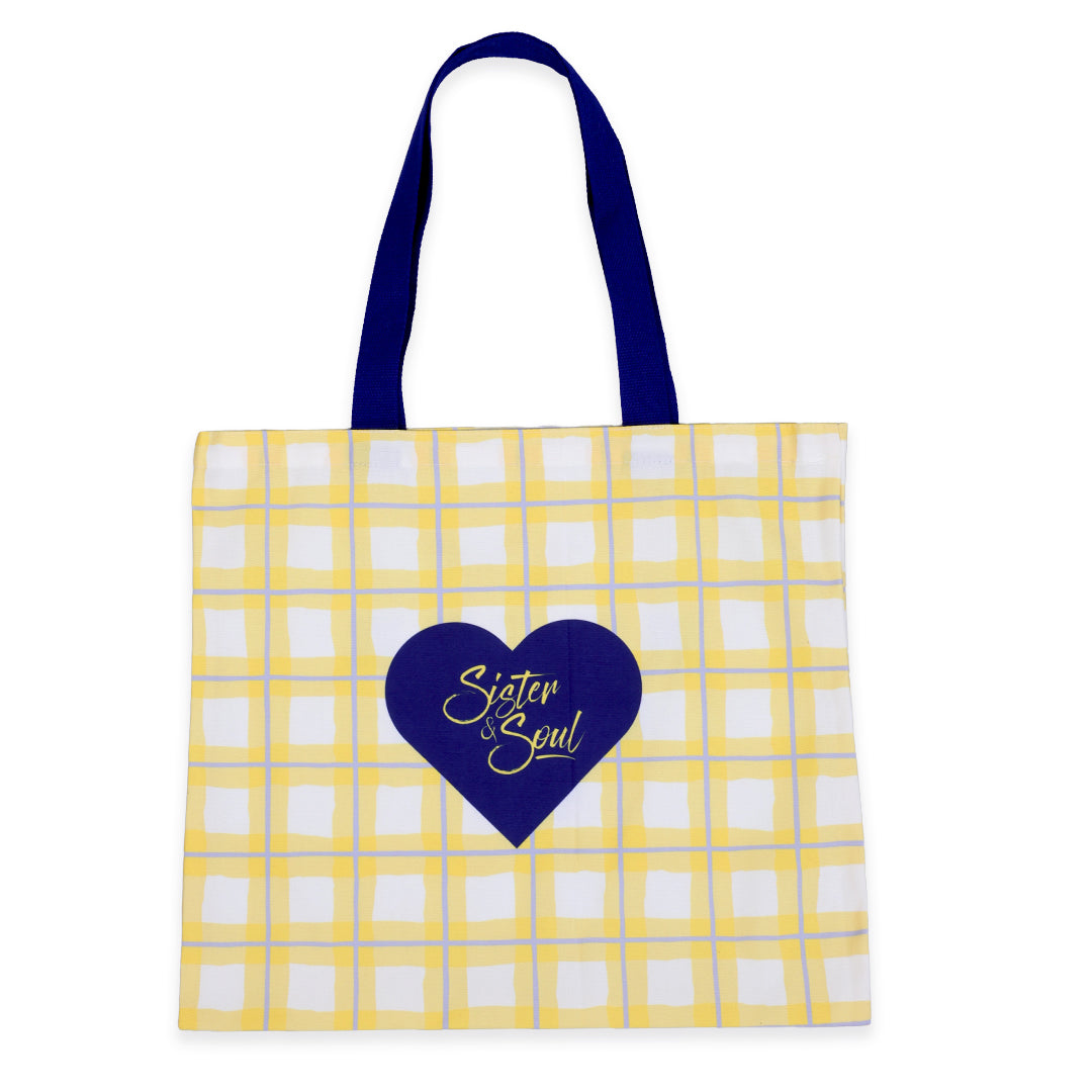 Tote bag with yellow and white checkered pattern and purple heart with 'Sister Soul' text on a white background