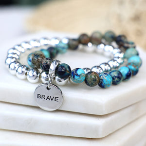 Stone Bracelet - Oceana Jasper Stone 8mm Beads - With Silver Word charm