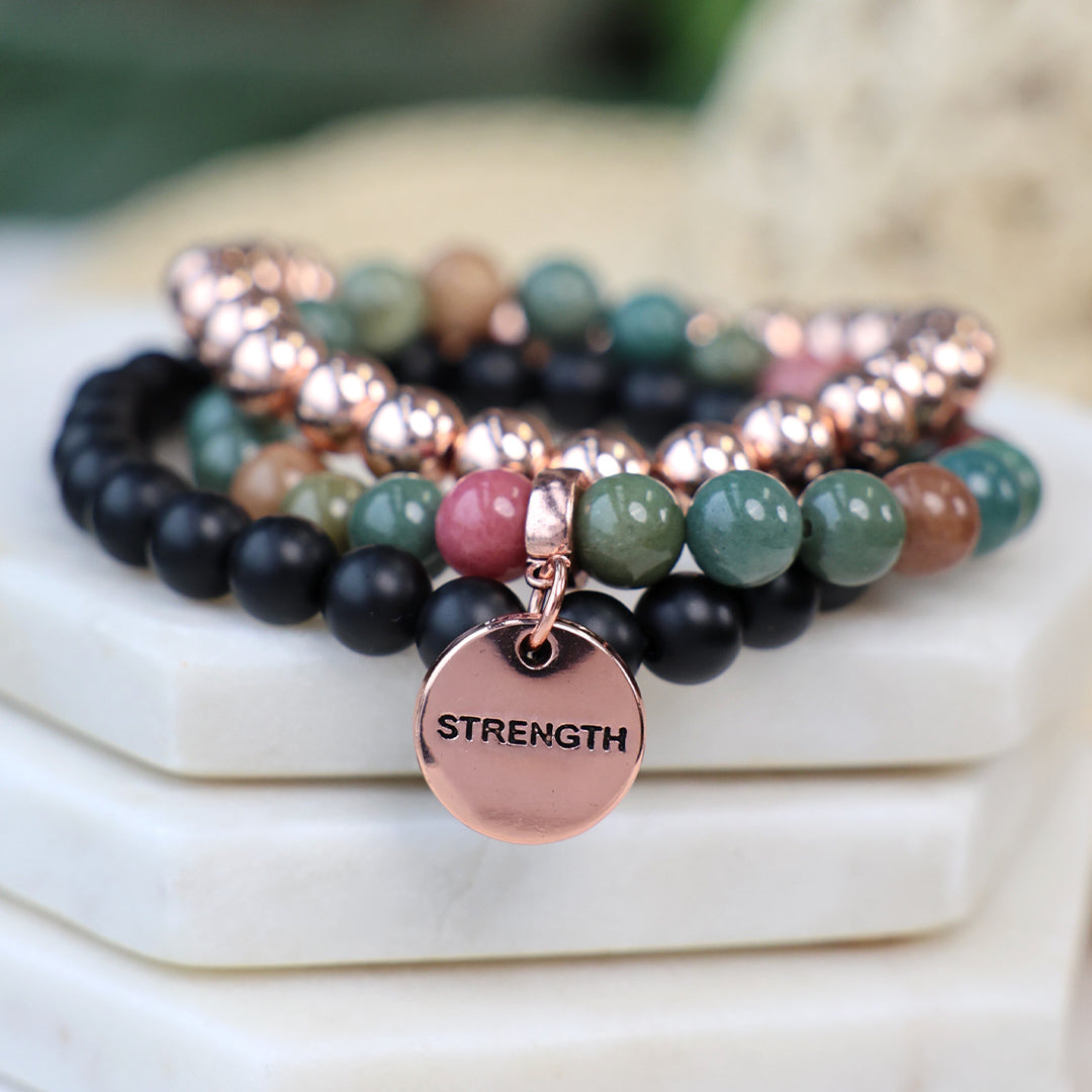Stone Bracelet - Enchanted agate Stone 8mm Beads - With Rose Gold Word charm