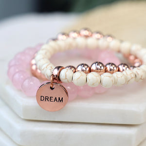 Stone Bracelet - Ivory Howlite Stone 8mm Beads - With Rose Gold Word charm