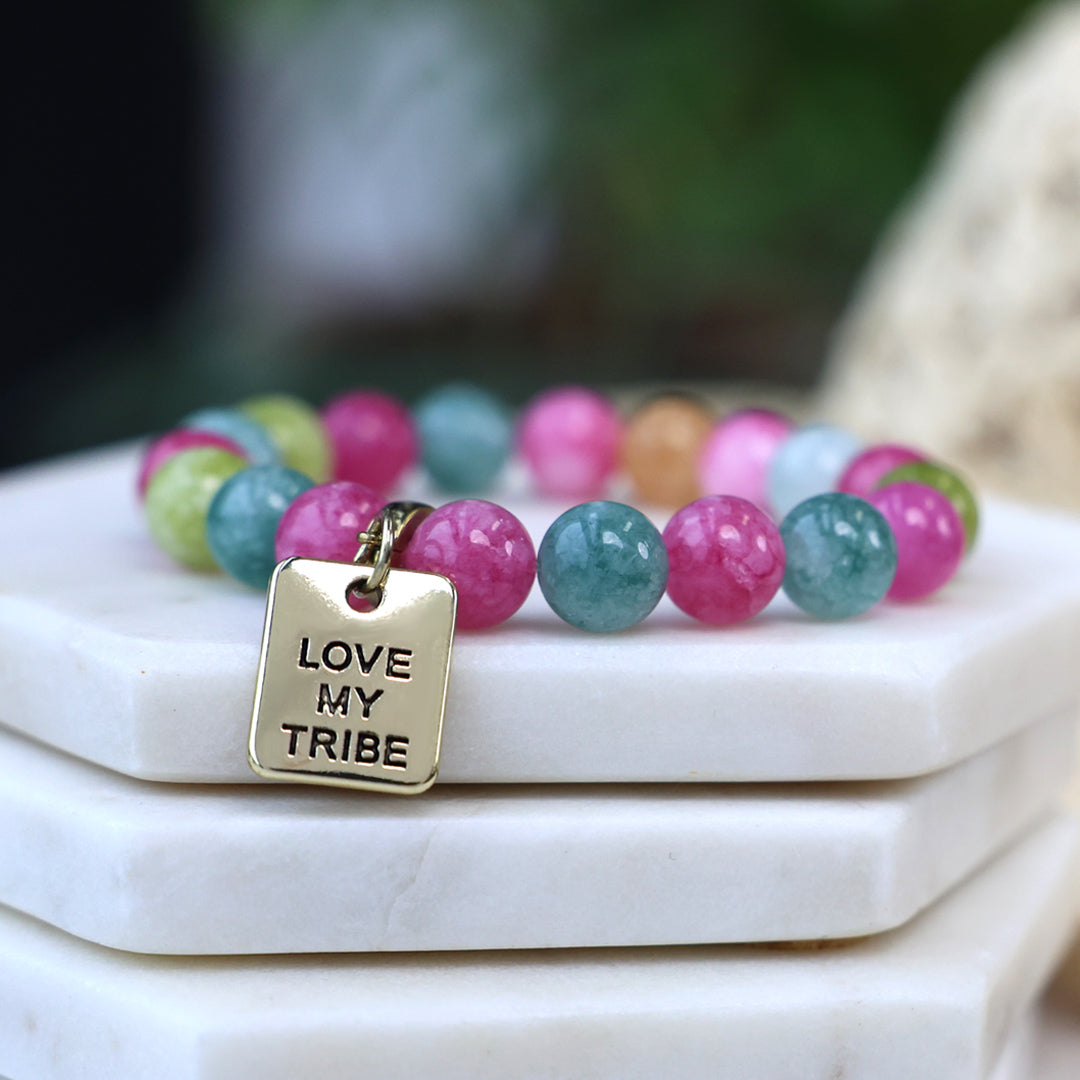 Stone Bracelet - Gelato Stone 10mm Beads - With Gold Word charm