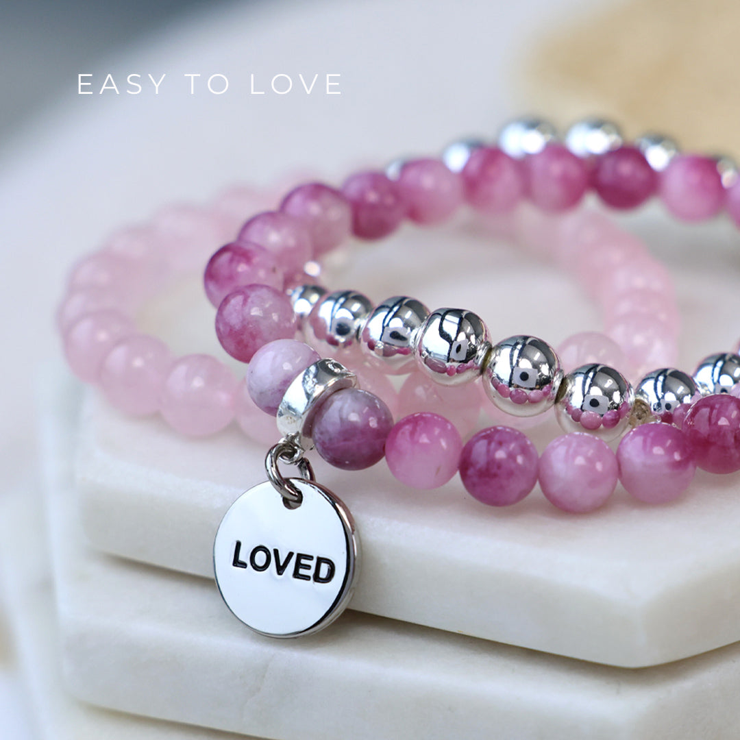Stone Bracelet - Iced Berry Agate Stone 8mm Beads - With Silver Word charm