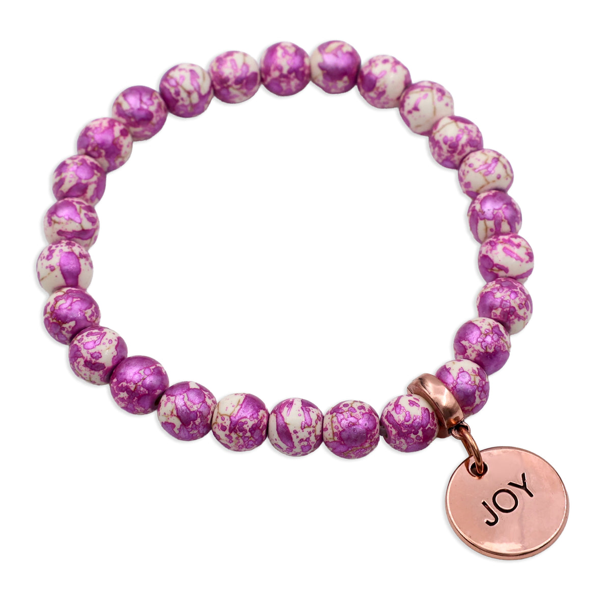 Purple and white beaded bracelet with a 'JOY' charm on a white background