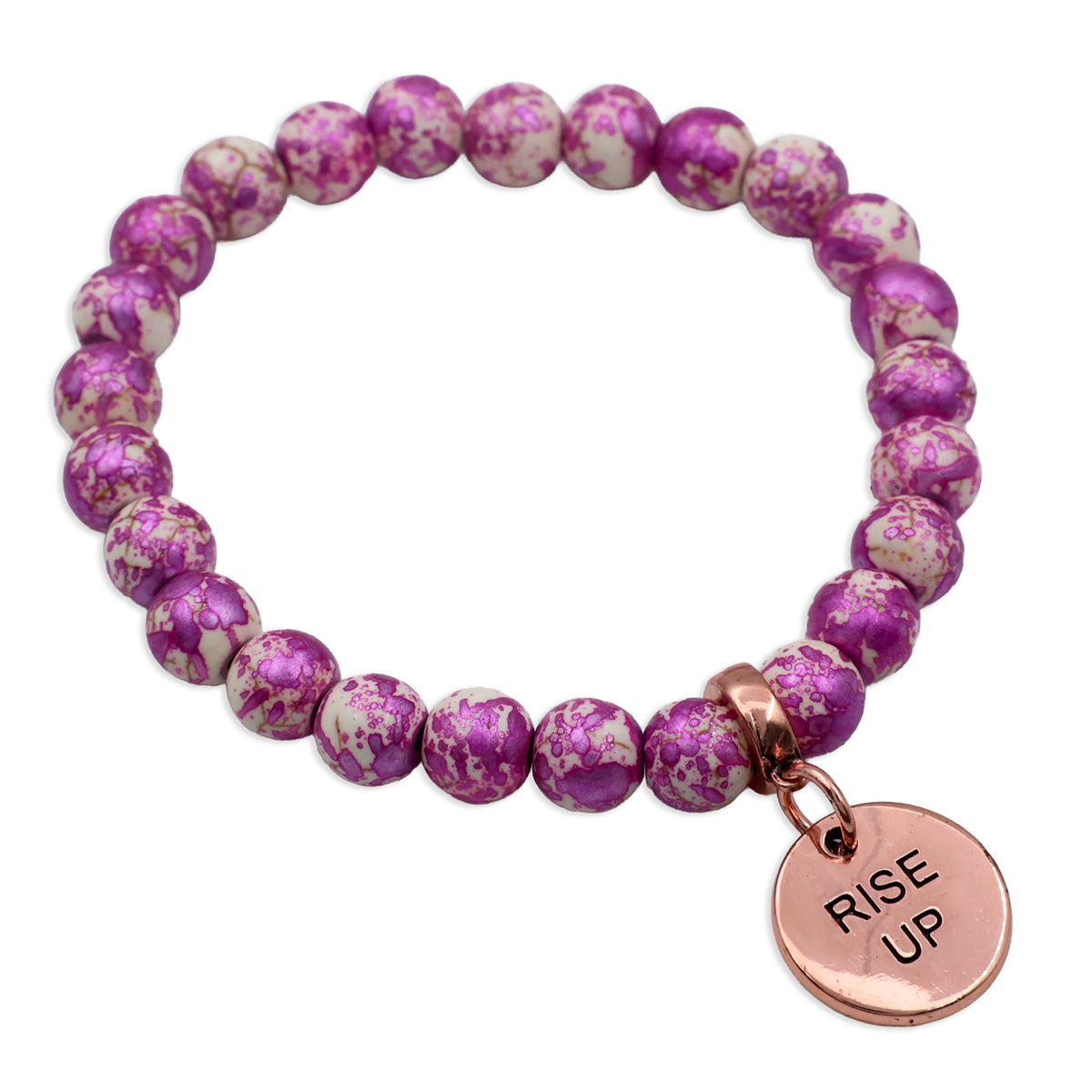Purple beaded bracelet with a rose gold charm labeled 'Rise Up' on a white background