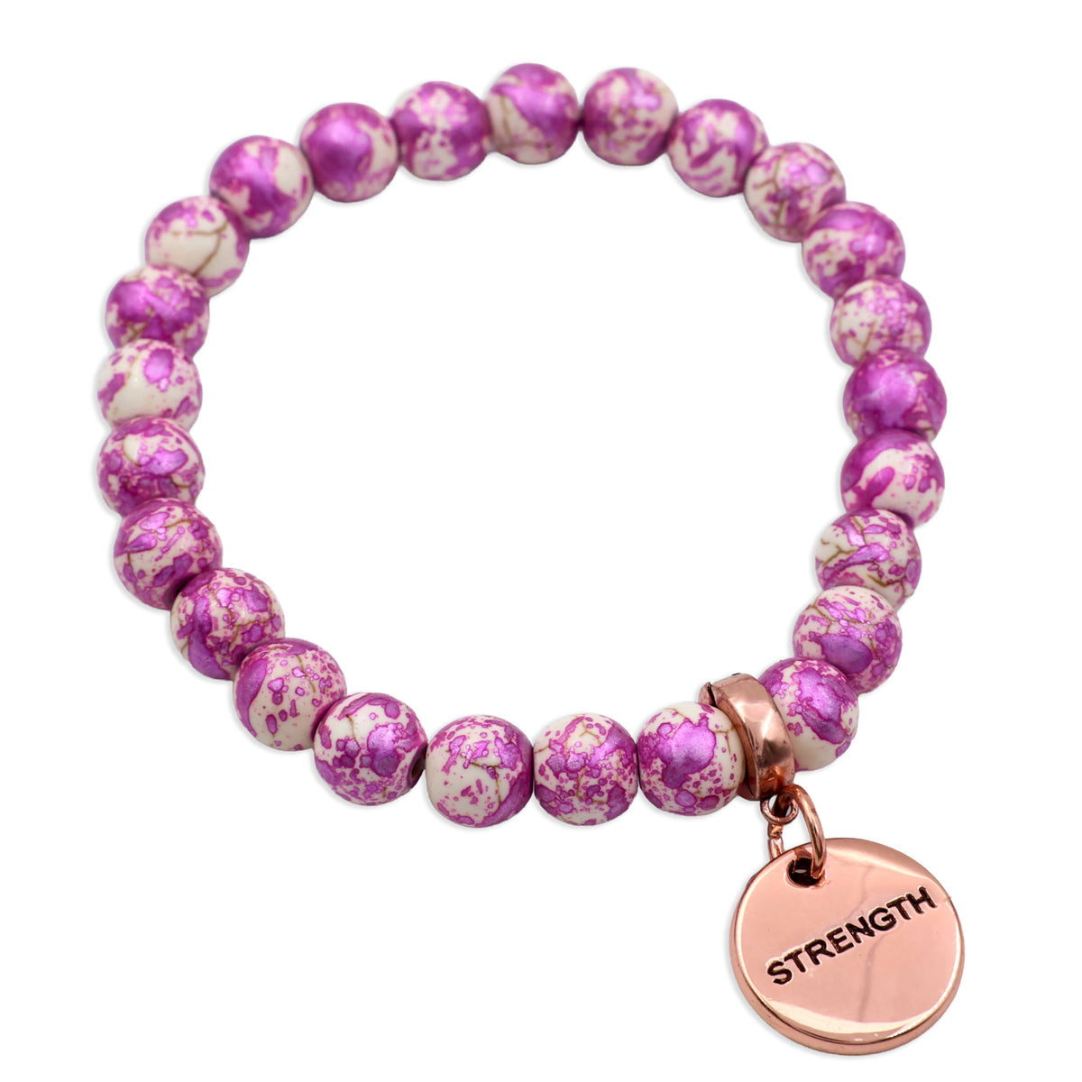 Pink and white beaded bracelet with a 'STRENGTH' charm on a white background