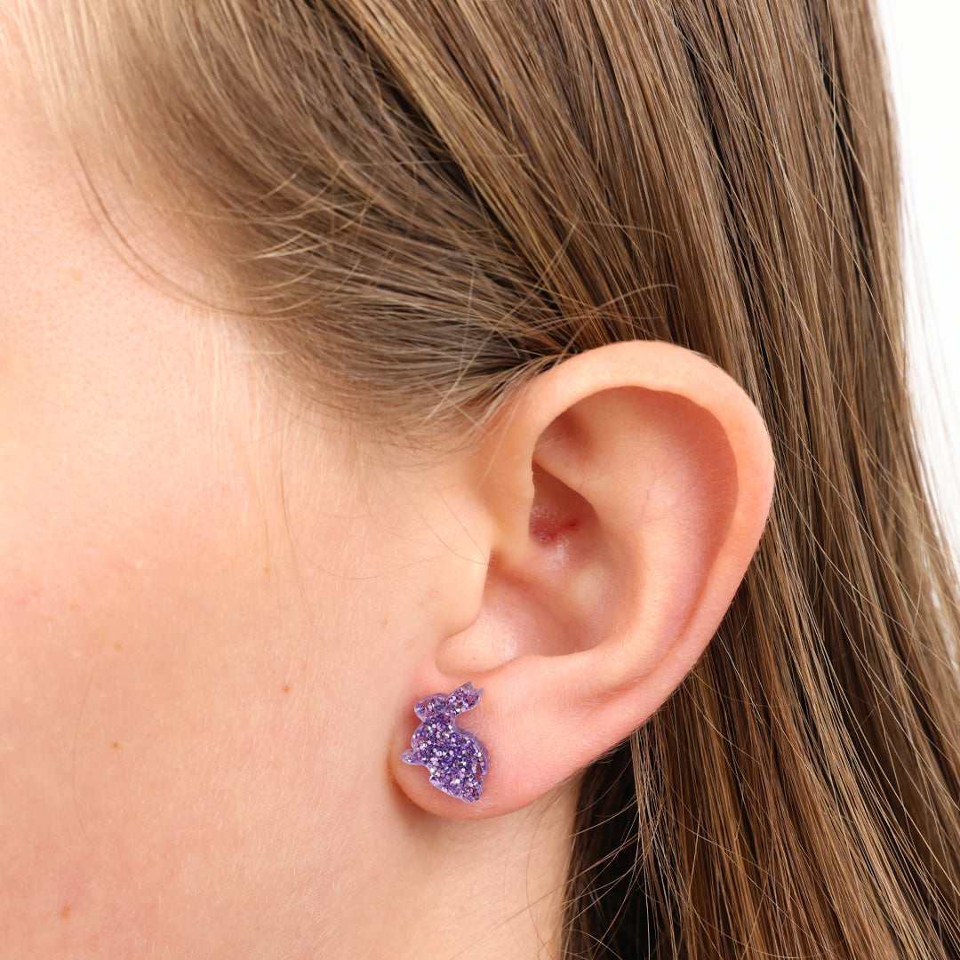 RESIN ACRYLIC BUNNY STUDS - You Are Amazing - Purple Glitter (9605)