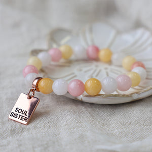 Stone Bracelet - Marshmallow Pastel Stone 10mm Beads - With Rose Gold Word charm