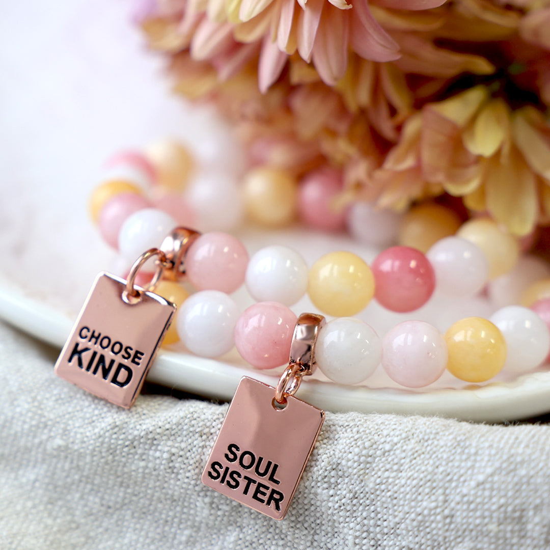 Stone Bracelet - Marshmallow Pastel Stone 10mm Beads - With Rose Gold Word charm