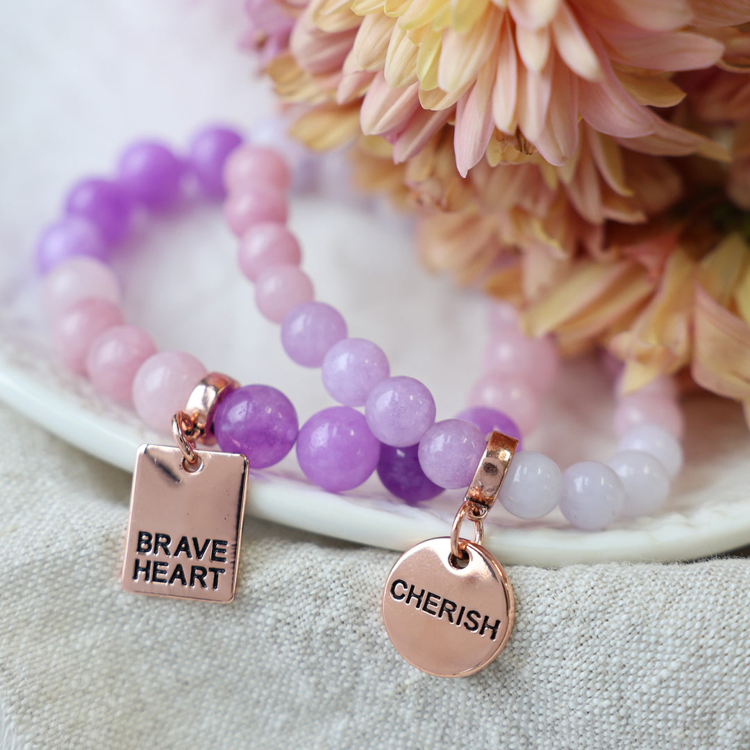 Stone Bracelet - Violet Powder & Blush Blend 10mm Beads - With Rose Gold Word charm