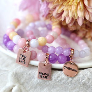 Stone Bracelet - Lilac Powder & Blush Blend 8mm Beads - With Rose Gold Word charm