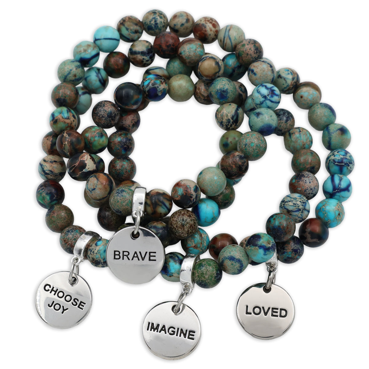Set of beaded bracelets with motivational charms on a white background