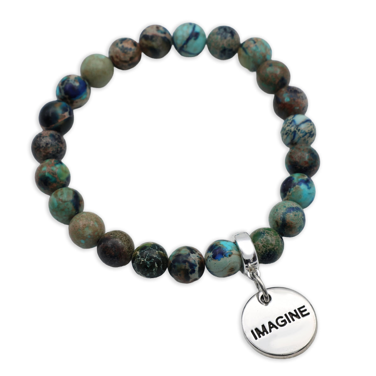 Beaded bracelet with 'IMAGINE' charm on a white background