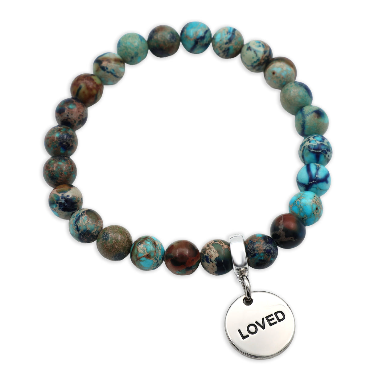 Beaded bracelet with 'LOVED' charm on a white background