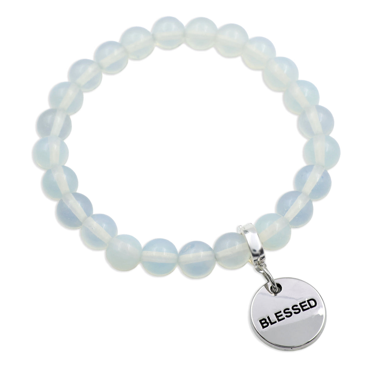 Opalite beaded bracelet with a 'BLESSED' charm on a white background