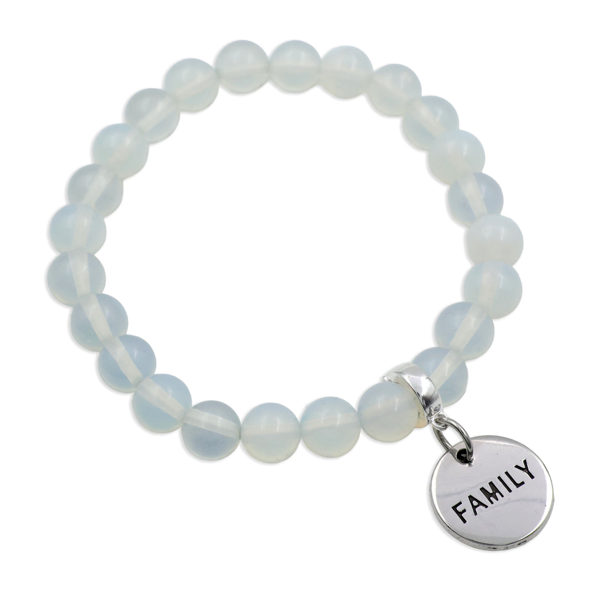 Opalite beaded bracelet with a 'FAMILY' charm on a white background