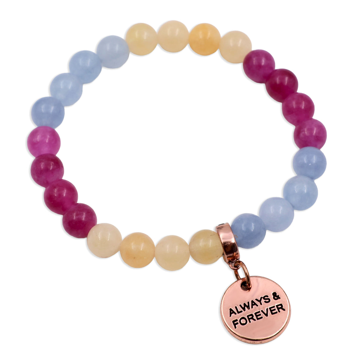 Multicolored beaded bracelet with a 'Always & Forever' charm on a white background