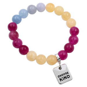 Multicolored beaded bracelet with a 'Choose Kind' charm on a white background